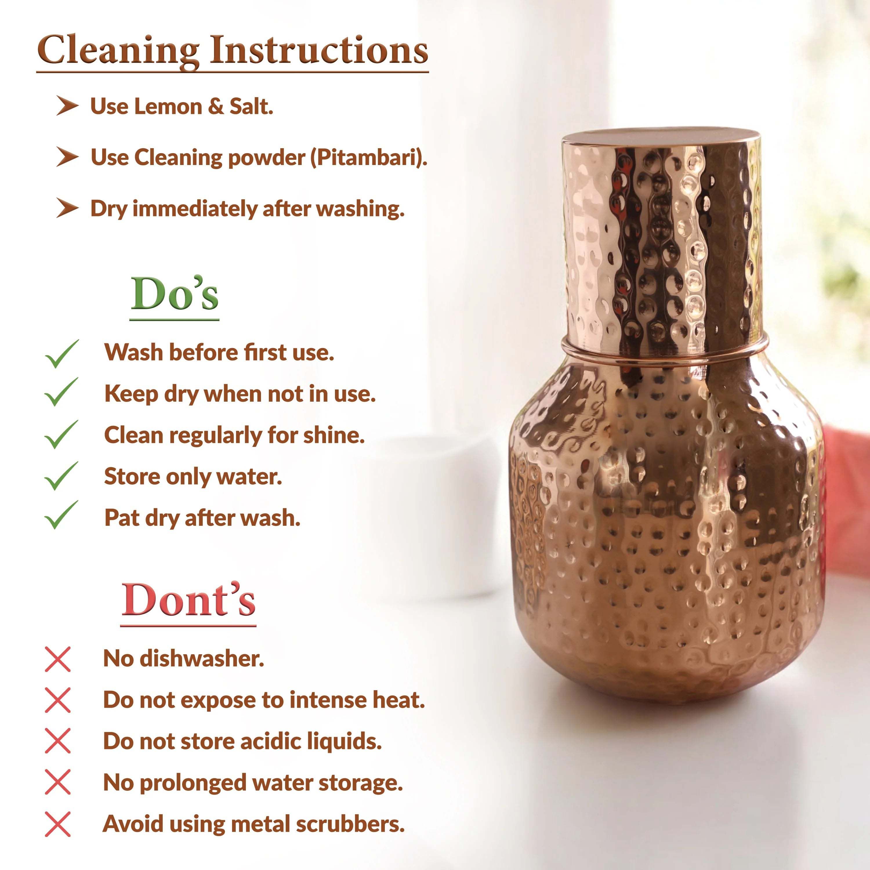Copper hammered & embossed shine finish ghada shape bedroom bottle hammered - 1530 ML